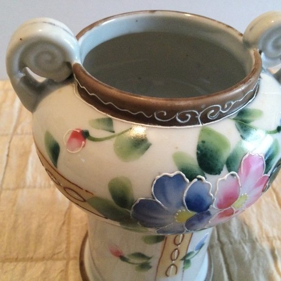 Vintage Antique Hand painted Nippon handled vase 6.5" floral rare - Picture 2 of 8